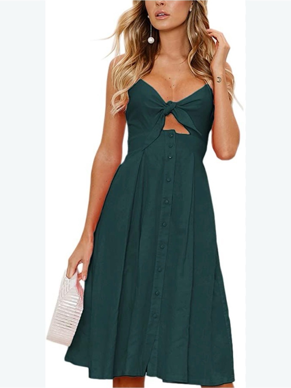 Knot-Front dark green Midi Dress with Button Skirt